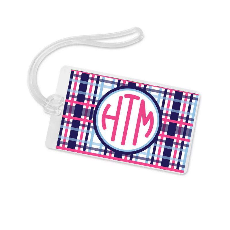 Pink and Navy Plaid + Monogram Bag Tag