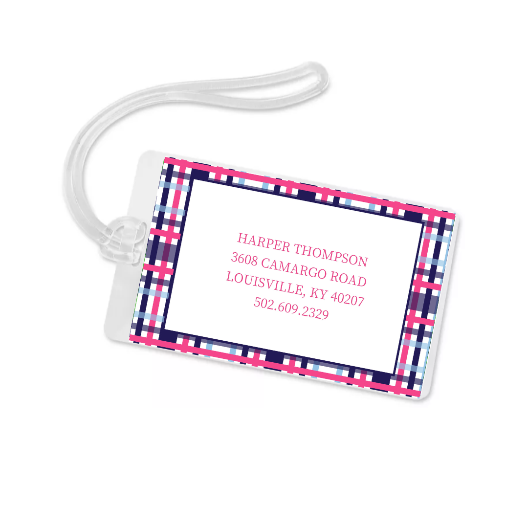 Pink and Navy Plaid + Monogram Bag Tag