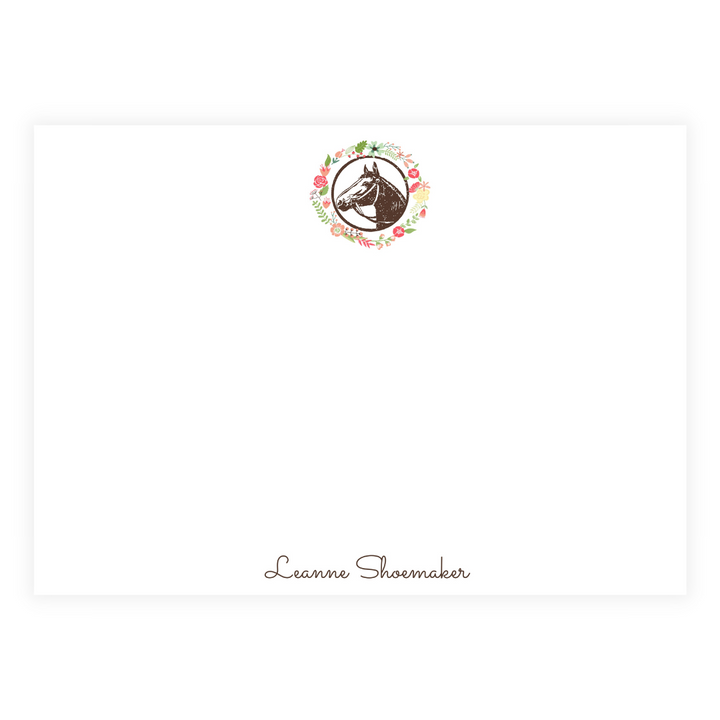 Pink Floral Wreath + Horse Large Flat Note Cards