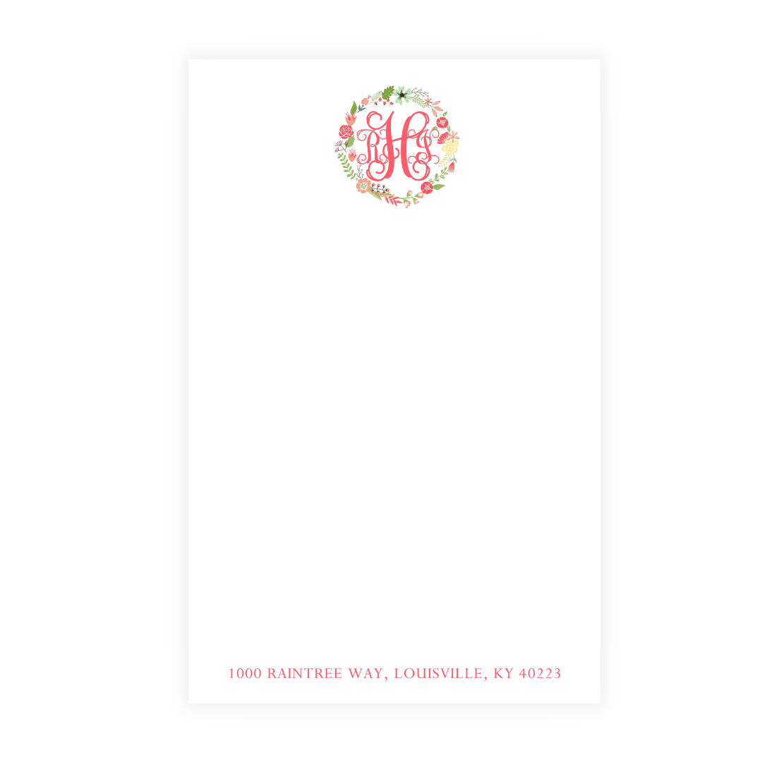 Pink Floral Wreath + Monogram Note Pad
