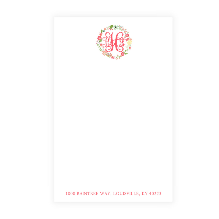 Pink Floral Wreath + Monogram Note Pad