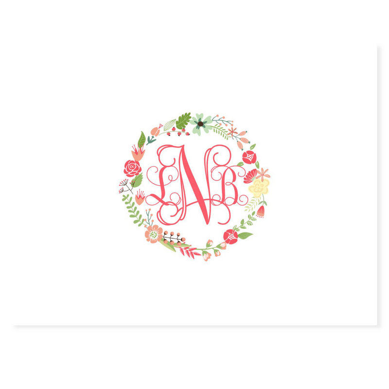 Pink Wreath and Monogram Note Cards