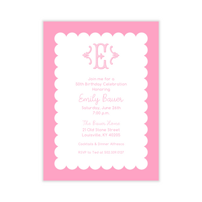 Single Initial Scallop + Floral Party Invitation- Pink