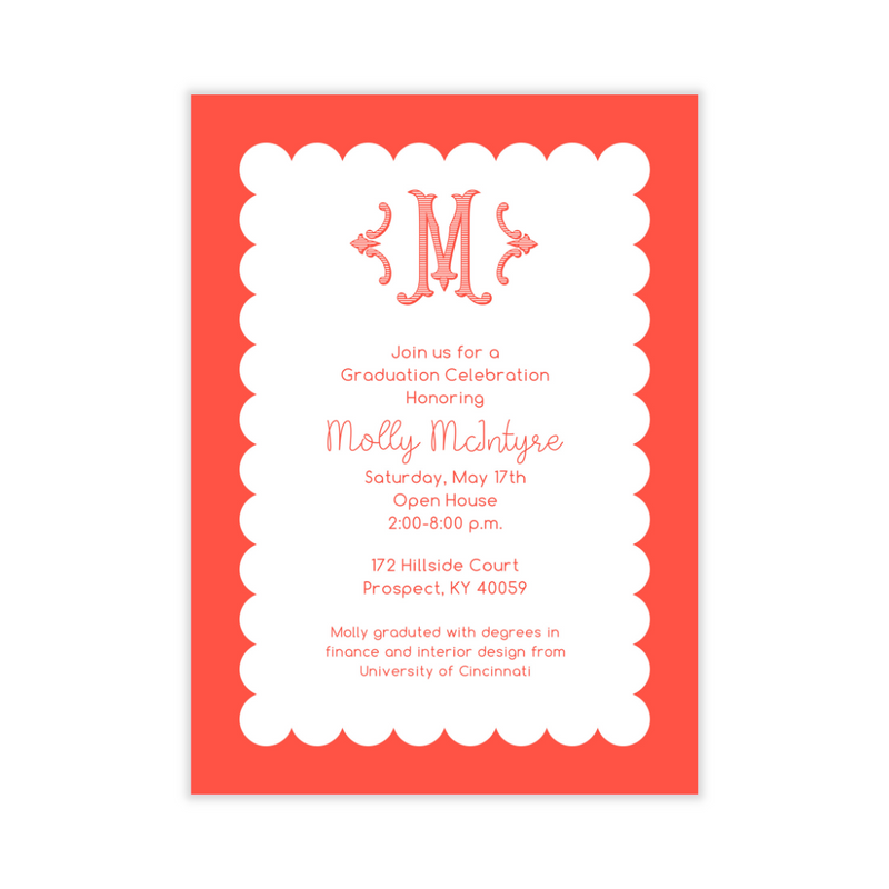 Single Initial Scallop + Floral Party Invitation- Poppy