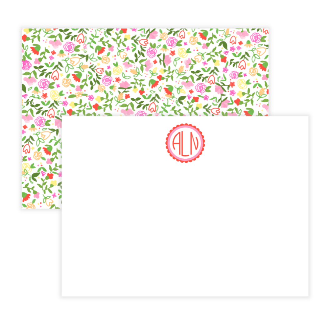Scalloped Monogram + Floral Print Large Flat Note Cards