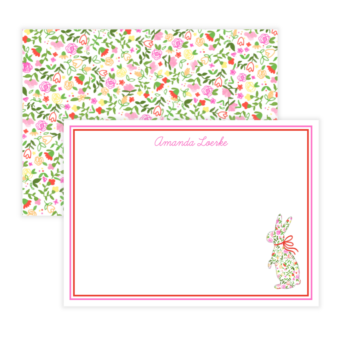 Floral Bunny Personalized Large Flat Note Cards