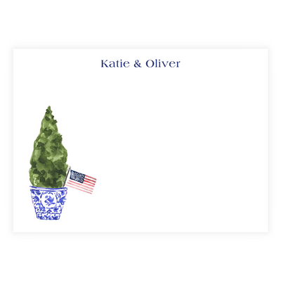 Spruce + Flag in Chinoiserie Pot Personalized Flat Note Cards